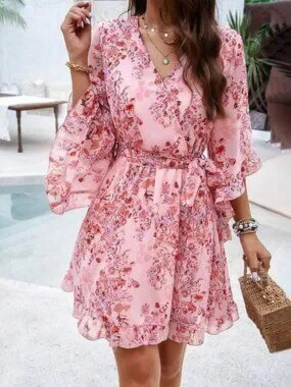 ZARA Pink Boho Women's Mini Dress with Bell Sleeves and Waist Belt